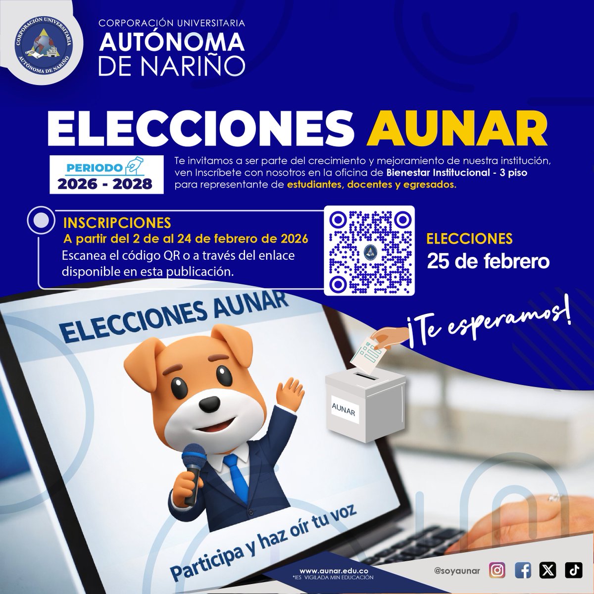 📷 Elecciones AUNAR 2026–2028
Postúlate como representante de estudiantes, docentes o egresados y sé parte del cambio.

📷 Inscripciones: del 2 al 24 de febrero de 2026
📷 Elecciones: 25 de febrero de 2026
📷 Inscríbete aquí:
forms.gle/CjmDUkWpzjWKFU…

Ver menos