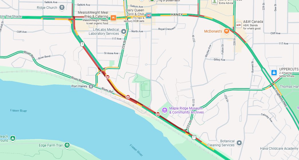 NewsRadioVAN's tweet image. 11:53 #MapleRidge 
Crash reported on the Haney Bypass by the River Road merge. Crash involving a gravel truck. 
Reports both eastbound lanes blocked. Traffic getting by using the westbound lanes in single lane traffic. Expect delays.