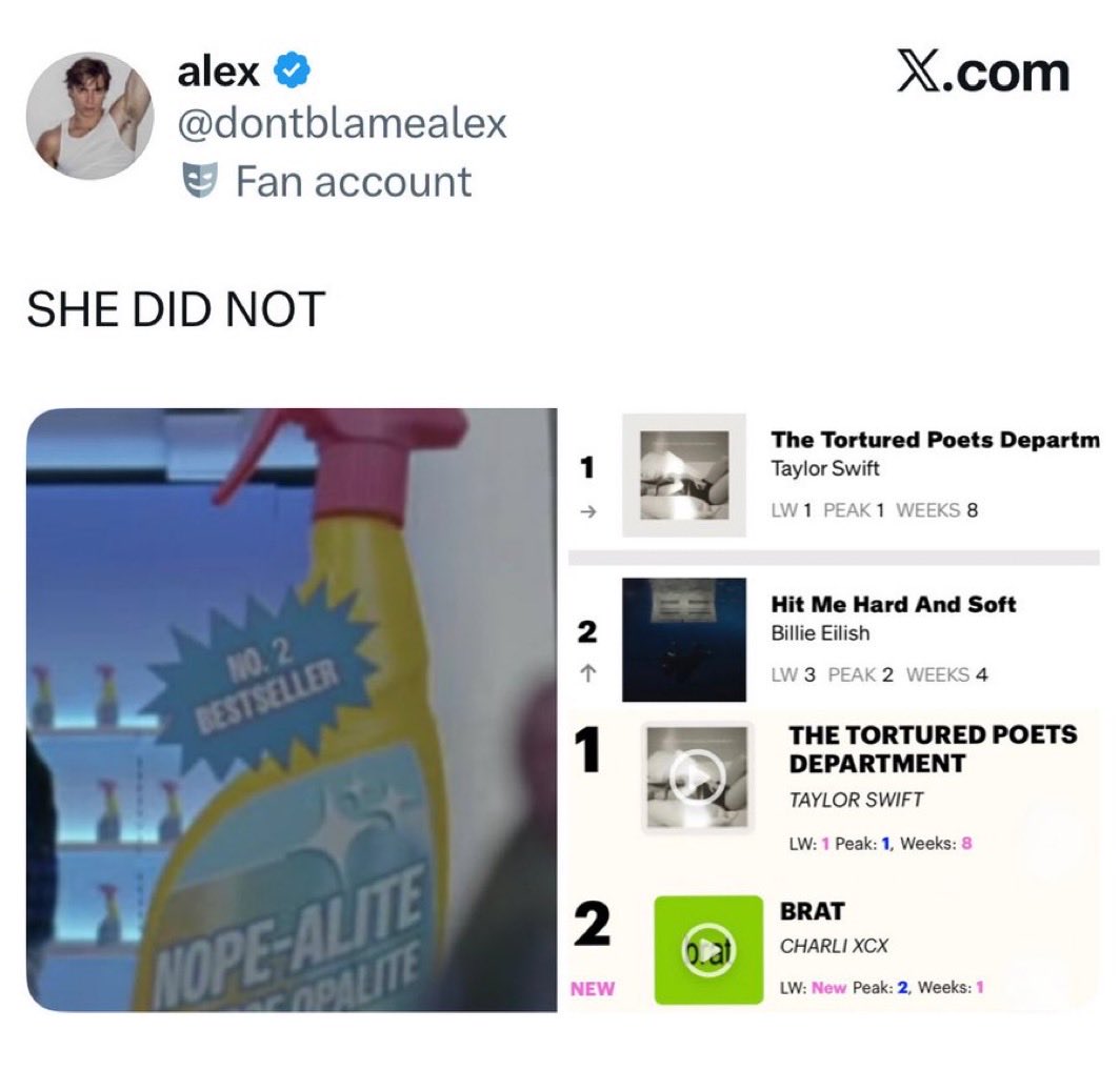 So in Swifties head Taylor swift is someone who stans up for women in the industry but at the same time they’re okay with her mocking the fact that she willingly blocked 2 albums by female artists from going #1?