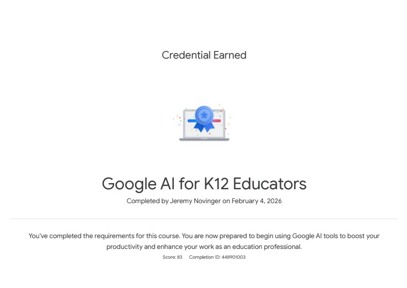 Big news! Mr. Novinger is officially our first AI-certified Google teacher! 🤖🎓

He’s already proving how #NotebookLM can streamline the classroom. Don't miss out on the free <a href="/GoogleForEdu/">Google for Education</a> certifications (Level 1, 2, &amp; AI) while they last! ⏳

#AIinEdu #Maconaquah #keepimproving