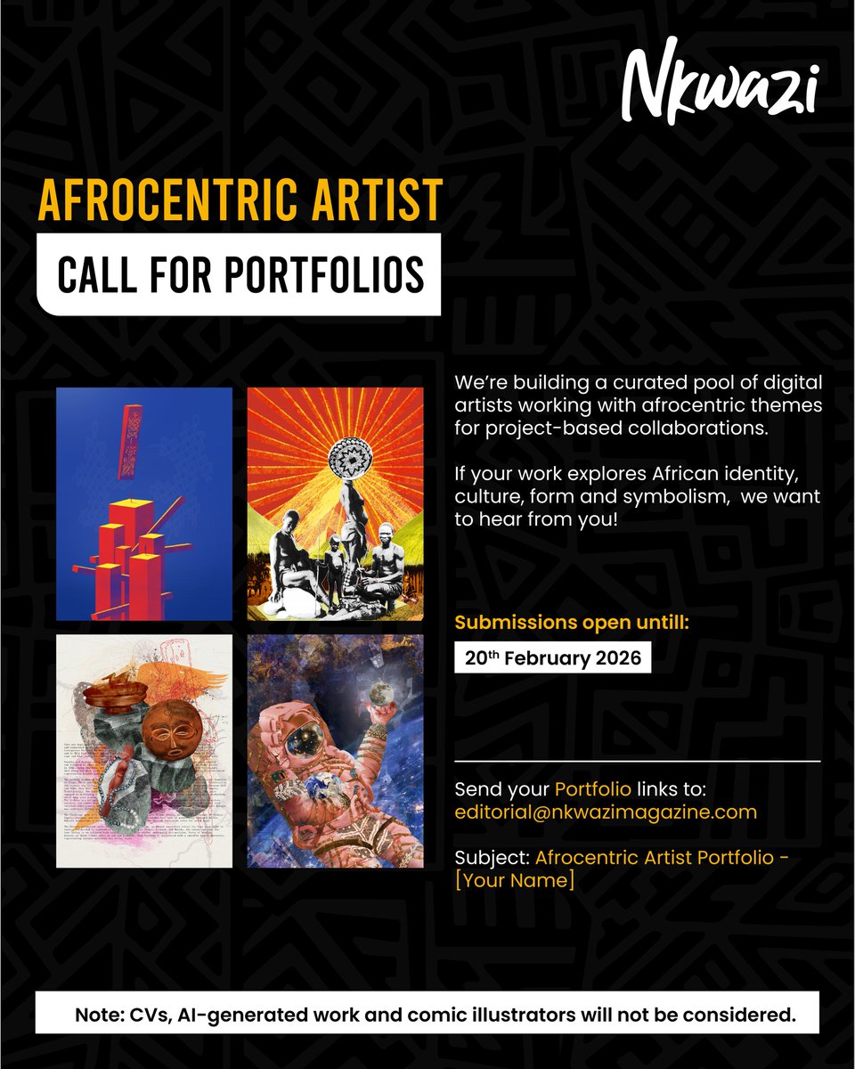 NkwaziMag's tweet image. We’re building a curated pool of digital #illustrators working with #Afrocentric themes for project-based collaboration.

If your work explores #African identity and culture, is unique and not trend-focused, and has a strong digital execution with a clear point of view - we want