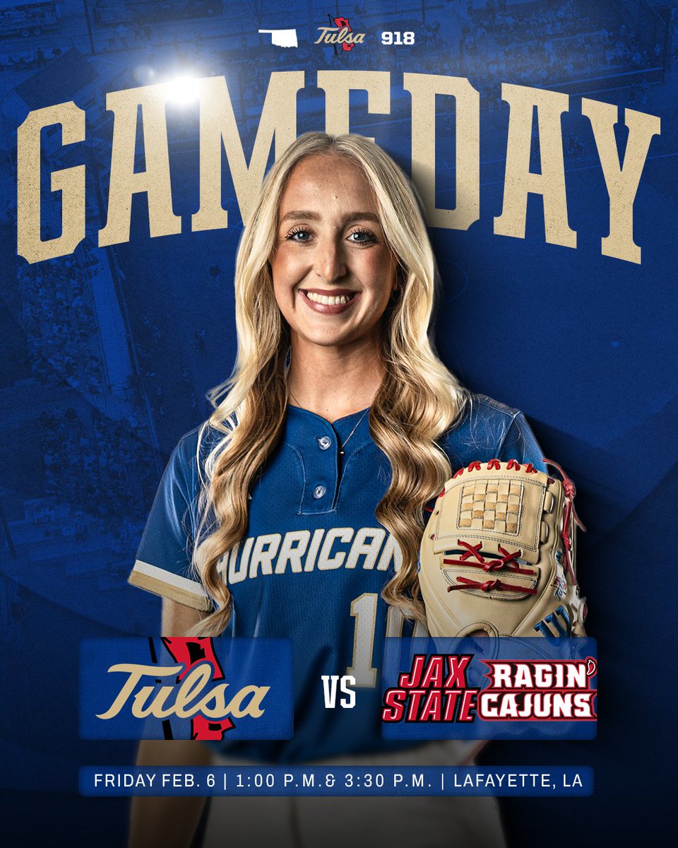 TulsaSoftball's tweet photo. Leading the season off in Louisiana

🆚 Jacksonville State/Louisiana
📅 2.6
⏰ 1 PM/3:30 PM
📌 Lafayette, La.
📊 (Game 1) https://t.co/YJ2BqYpOBi
📊 (Game 2) https://t.co/LMWbc0t4iJ
📺 https://t.co/ayHlkc0kUO

#ReignCane https://t.co/9A5t208SW5