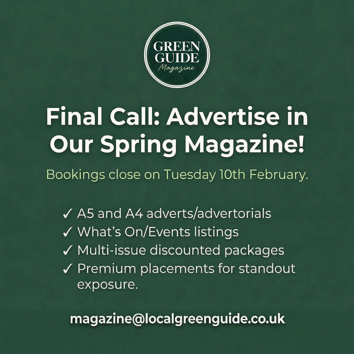 GreenGuide_Mag's tweet image. Bookings for our Spring issue close Tuesday 10th February. Reach 20,000 AB households, businesses &amp;amp; popular pick-up points across Chiswick with Green Guide Magazine. Limited spaces available — enquire now to reserve yours. 

Email: magazine@localgreenguide.co.uk