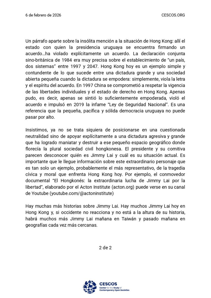 Privilegiar negocios con China no es “neutralidad”, es avalar a una dictadura que viola acuerdos, aplasta libertades en Hong Kong y amenaza a Taiwán. 

Uruguay no puede quedar del lado de uno de los regímenes más represivos de la historia.