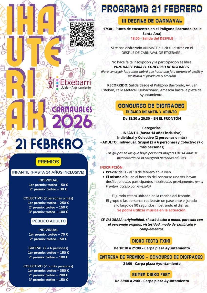 🎊Etxebarri kolorez, musikaz eta sormenez betetako arratsalde bat bizitzeko prestatzen ari da Ihauterietako III. Desfilea ospakizunarekin.

🔗+info: etxebarri.eus/eu-ES/Albistea…