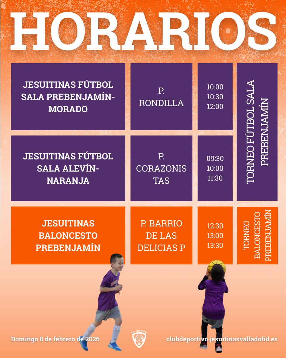 𝐇𝐎𝐑𝐀𝐑𝐈𝐎𝐒 | Sábado 7️⃣ y domingo 8️⃣ de febrero.

🏀⚽️ ¡Este finde debutan nuestros equipos prebenjamines de fútbol sala y baloncesto! 😍

#clubdeportivoculturaljesuitinas #darlotodo #jesuitinasvalladolid