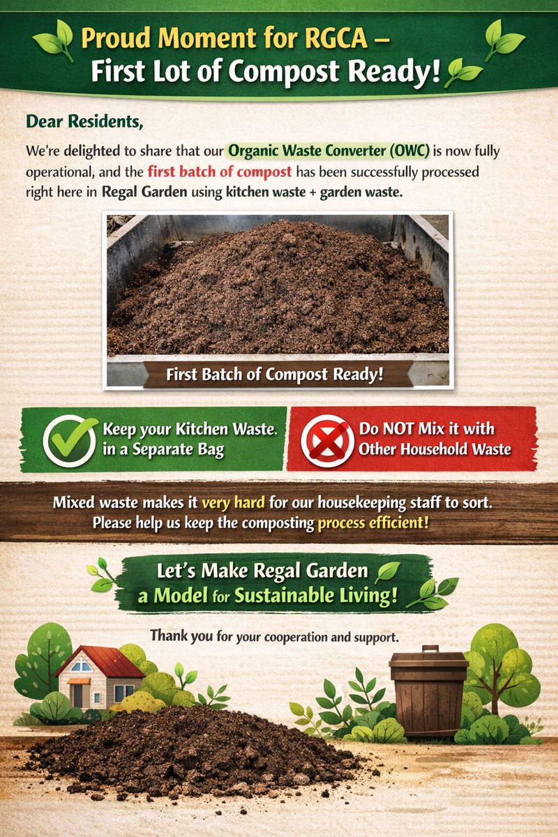 rgca90's tweet photo. Proud moment for RGCA- our OrganicWasteConverter (OWC)is now fully operational,and the first batch of compost has been successfully processed within Regal Garden.
Let’s make Regal Garden a model for sustainable living. 
#RGCA #OWC #Composting #WasteSegregation #SustainableLiving https://t.co/OXBVLB2dWM