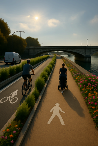 Nouvelle proposition #Municipales2026 : réaménagement de la voie Mazas, le long de la Seine.

➡️ Aujourd'hui : 5 voies 🚚🚗, 1 trottoir étroit partagé entre 🚶 et 🚲 favorisant les conflits
➡️ Demain : 4 voies 🚚🚗, 1 trottoir pour les 🚶 et 1 piste cyclable sécurisée pour les 🚲