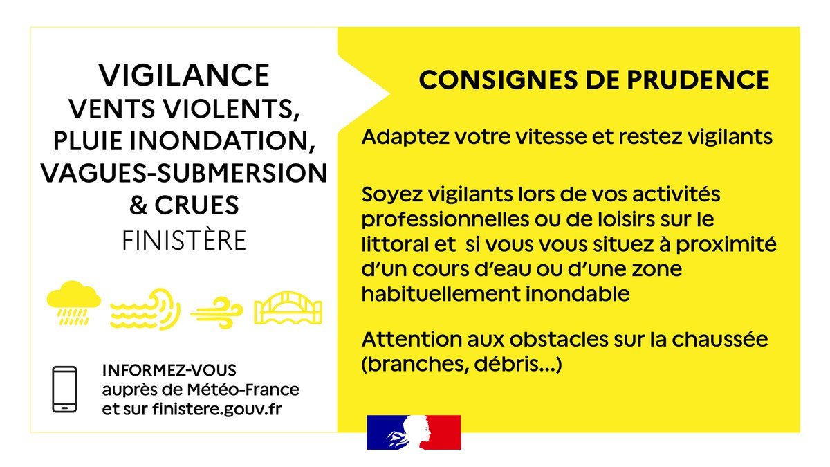 Image de Préfet du Finistère - #Météo | 🟡🌧〰️​ Passage en vigilance météo jaune pluie-inondation et crues sur le bassin de la Laït