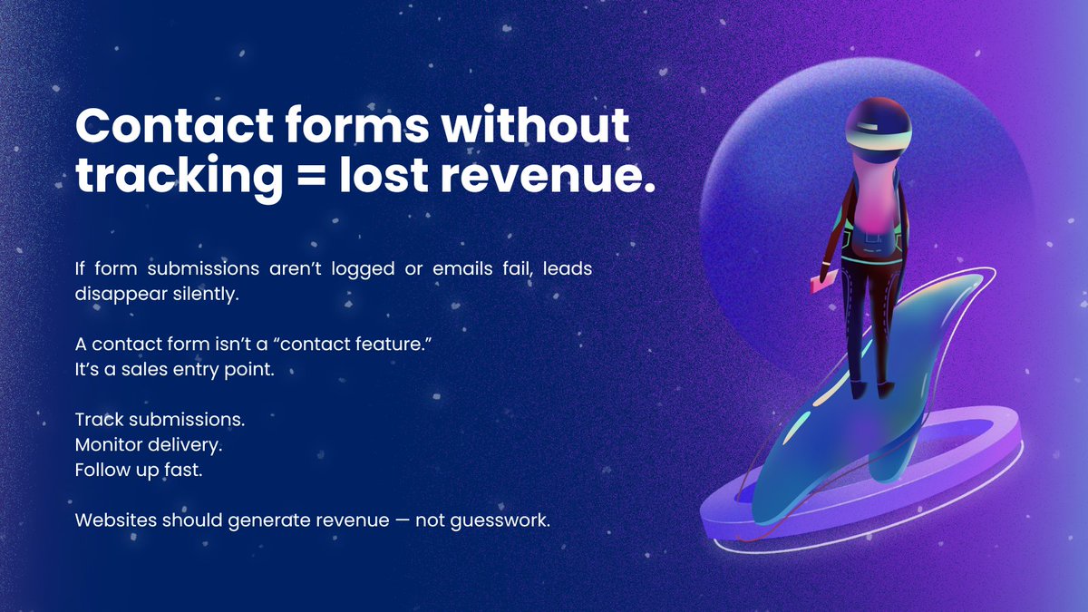 mdshamir_'s tweet photo. If form submissions aren’t logged or emails fail, leads disappear silently.

A contact form isn’t a “contact feature.”
It’s a sales entry point.

Track submissions.
Monitor delivery.
Follow up fast.

Websites should generate revenue — not guesswork.

#WebDev #WordPress https://t.co/95agfBtCvl