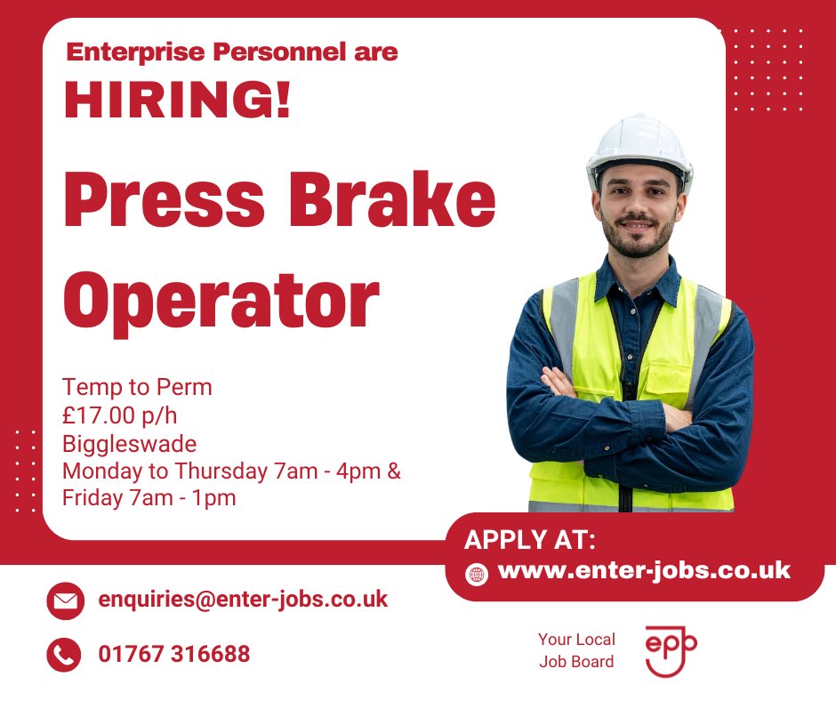 EnterJobs's tweet photo. Enterprise Personnel's client are recruiting a Press Brake Operator in Biggleswade.
Apply now via our website!

#pressbrake #pressbrakeoperator #machineoperator #machineoperative #machineprogramming #pressbrakemachine #biggleswade #bedfordshire #bedfordshirebusiness https://t.co/w8Mg6MGVyj