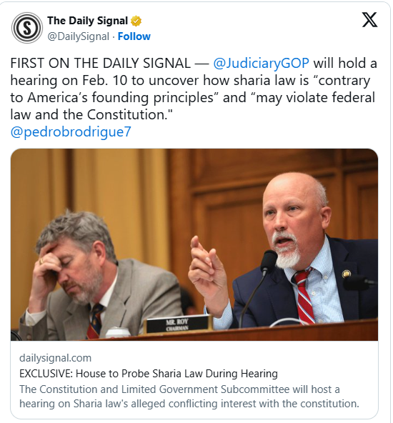 RYboating's tweet photo. Fundamentally Hostile to Our Constitution:' House GOP to Hold Hearings on Sharia Law

Sharia Law should not be allowed anywhere in the US!
 
Feminists across the US should be screaming against such things that make women subordinate to men...but they aren't.

It just seems very weird to me.
Doesn't it to you ?🤔

It's high time we address this and eradicate it from anywhere in the USA!😉

From the article:

This writer remembers the first hearing about Sharia law in the late 1990s, when some charitable organization warned her about the Taliban and its oppression of women. Just a few short years later, radical Islamists slammed planes into the World Trade Center, showing us the true face of Islam. In the 25 years since then, the Left in America and the U.K. have bent the knee to radical Islamists in the name of "tolerance" and "diversity."

In places like Dearborn and even Texas, Islamists are attempting to force Sharia law on Americans. In parts of the U.K., they're doing the same thing. It's an un-American, anti-woman, anti-gay ideology that cannot be allowed to gain a foothold in the West.

And the GOP House Judiciary Committee is holding a hearing about Sharia law, warning it violates federal law and may be unconstitutional.

The House Judiciary Committee Subcommittee on the Constitution and Limited Government will hold a hearing on Feb. 10 to uncover how Sharia law is “contrary to America’s founding principles” and “may violate federal law and the Constitution,” The Daily Signal has learned.

At the hearing, titled “Sharia-Free America: Why Political Islam & Sharia Law are Incompatible with the U.S. Constitution,” witnesses and members will discuss “where, why, and how Islamic extremists are attempting to establish Sharia-based institutions in the U.S.,” a statement provided to The Daily Signal claimed.

Additionally, the hearing will discuss current proposed legislative reforms that would protect Americans from efforts to establish alternative, Sharia-based institutions.

The Left and Democrats will scream all day about the "separation of church and state," while allowing Islamists to impose their religious and political ideologies on Americans. In the aforementioned Dearborn, there is now a call to prayer blasted on public speakers in the early morning hours, and they name streets after terrorists.

"Where did this come from? Islam is largely alien to American history; it certainly didn't come into the United States on the Mayflower," Gill said. "It's something that we deliberately imported as a matter of immigration policy into our country. And it's going to destroy us just like it's destroying Europe right now."

"It's our job to stand up to that, to stand up for our values and to prohibit alien cultures and alien ideologies that do not comport with our own governing framework," Gill added.

"There are 57 countries in the world where you can live, if you want to live under Sharia," Fine said. "Working with my colleagues, we're going to make sure this one is not number 58."

Fine also said we need to stop calling it "radical Islam" and refer to it as "mainstream Islam."

"Across America, we are seeing a dangerous and deliberate effort to normalize ideologies that are hostile to our Constitution and our way of life," Miller said. "The result of mass migration from regions that reject Western values has brought with it growing attempts to impose Sharia law on our communities."

Link to article and videos in comments