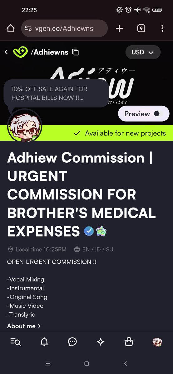 PLEASE HELP ME! 
STILL URGENT COMMISSION FOR BROTHER'S MEDICAL EXPENSES.
NEED AROUND 300$ 🙏🏿😭

10% OFF SALE ON VGEN !

Mixing
Instrumental
Original Song
Music Video
Etc

vgen.co/Adhiewns