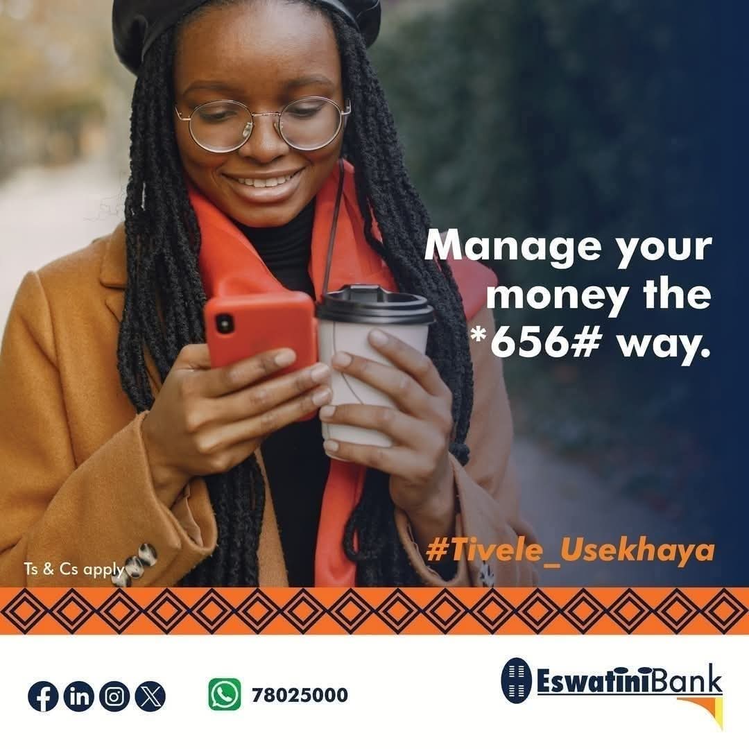 Bank anytime, anywhere with ease. Dial *656# to access all your digital banking services. For assistance, call 2409 5000, WhatsApp 7802 5000, or email: callcenter@swazibank.co.sz #EswatiniBank #LibhangeLesive #Belong #Tivele_Usekhaya #MobileBanking #USSD #DigitalBanking
