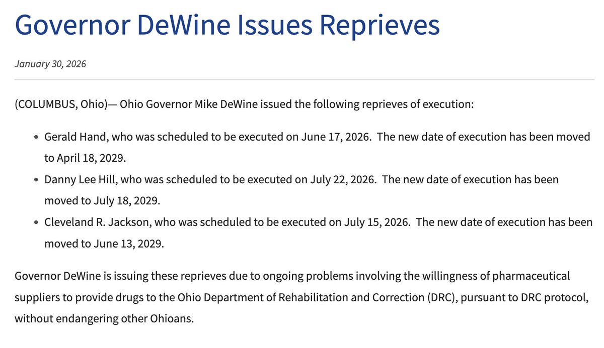 Ohio <a href="/GovMikeDeWine/">Governor Mike DeWine</a> Issues Three More Execution Reprieves. governor.ohio.gov/media/news-and… <a href="/OhStopExecution/">Ohioans to Stop Executions</a> <a href="/ohiojpc/">OJPC</a> <a href="/uscedp/">U.S. Campaign to End the Death Penalty</a> #deathpenalty