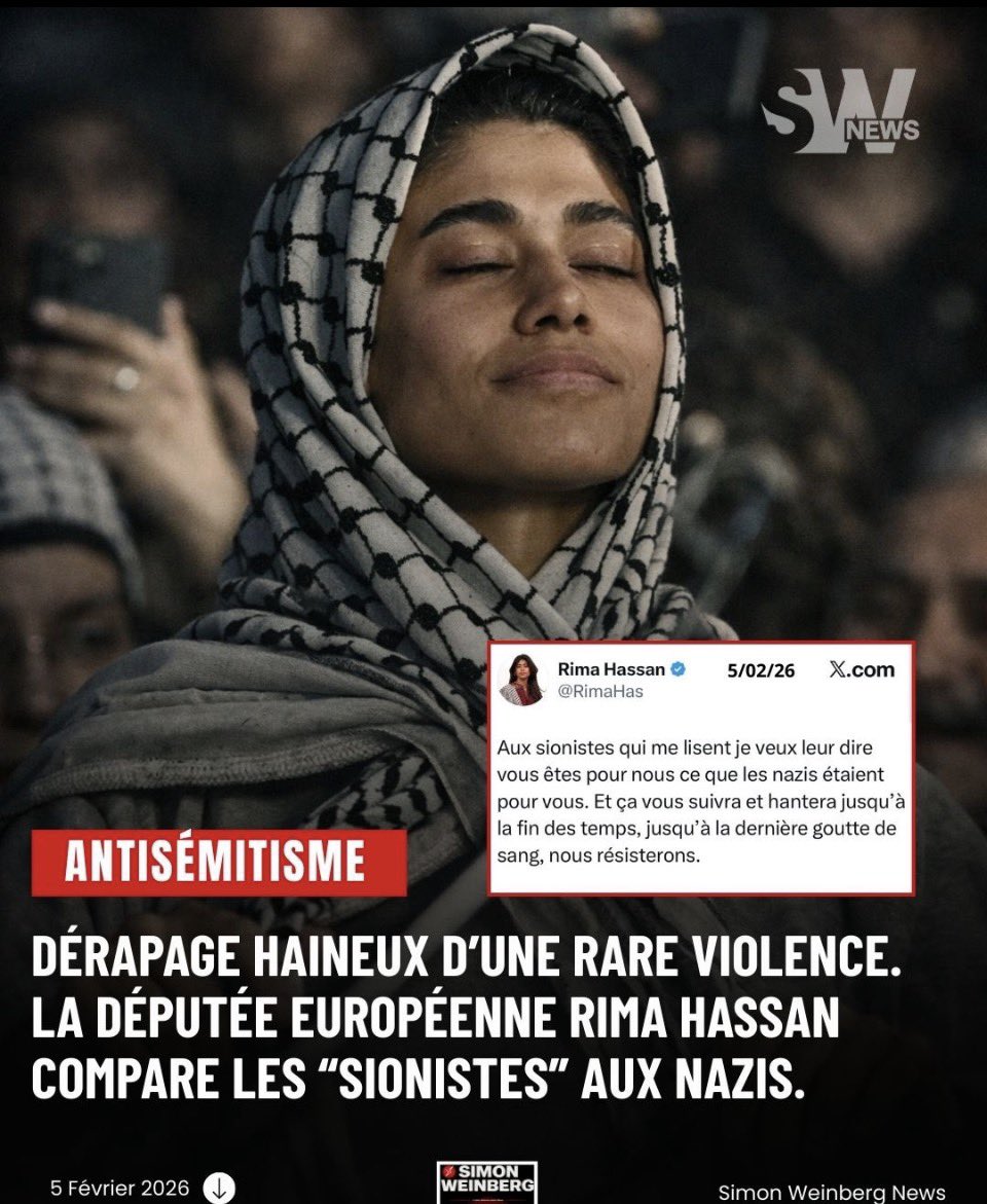 Puisque nos dirigeants ne font rien je déclare au nom du peuple français que <a href="/RimaHas/">Rima Hassan</a> antisemite notoire et pro terroriste est un danger pour la souveraineté de notre pays. MERCI DE LE FAIRE SAVOIR 
<a href="/EmmanuelMacron/">Emmanuel Macron</a> <a href="/SebLecornu/">Sébastien Lecornu</a> <a href="/GDarmanin/">Gérald DARMANIN</a> <a href="/NunezLaurent/">Laurent Nuñez</a> <a href="/YaelBRAUNPIVET/">Yaël Braun-Pivet</a>