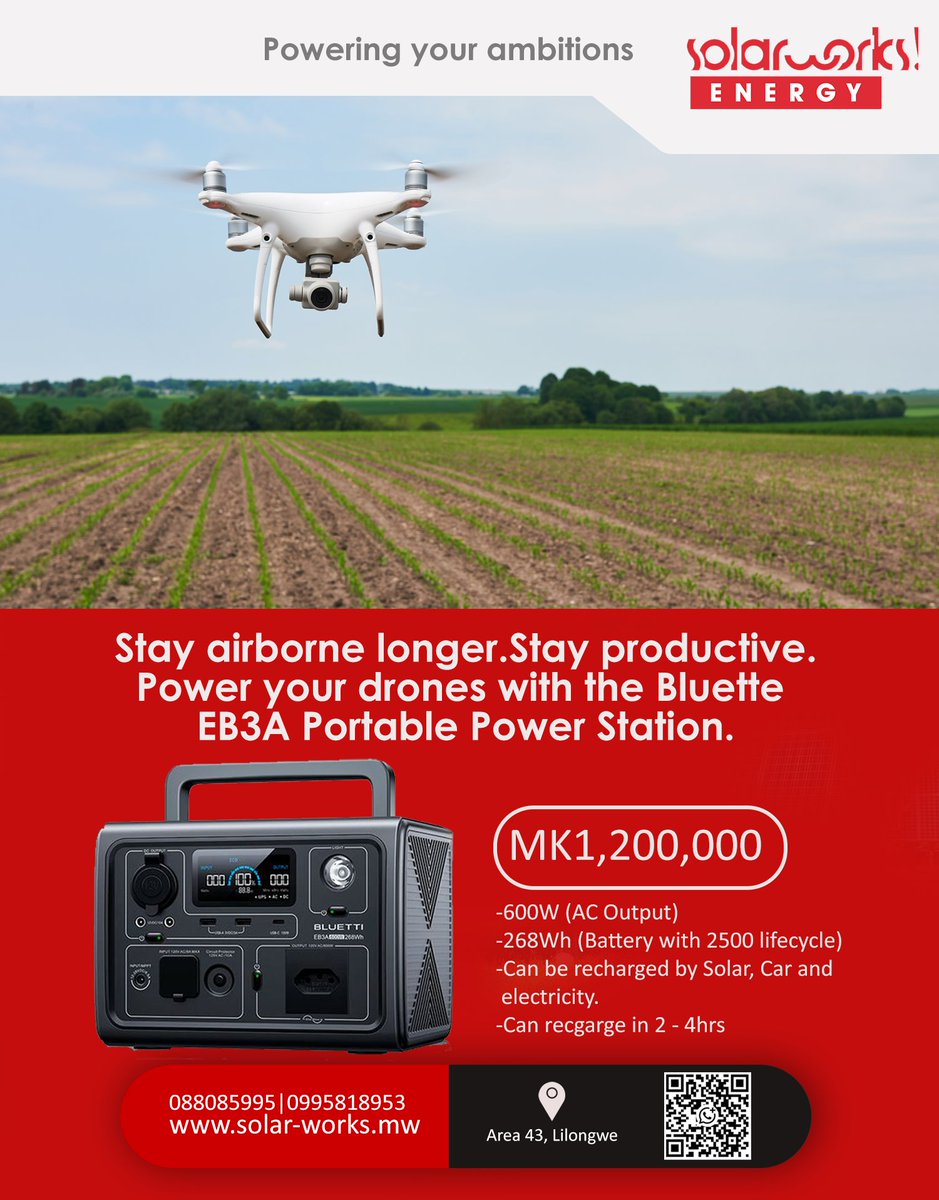Solarworks_mw's tweet photo. Stay airborne longer and stay productive. Power your drones with the Bluette EB3A portable power station.

-Easy to carry
-Easy to reacharge
-Can be used to charge multiple devices.

#SolarPower
#SolarworksEnergy! https://t.co/4K4749g9aH