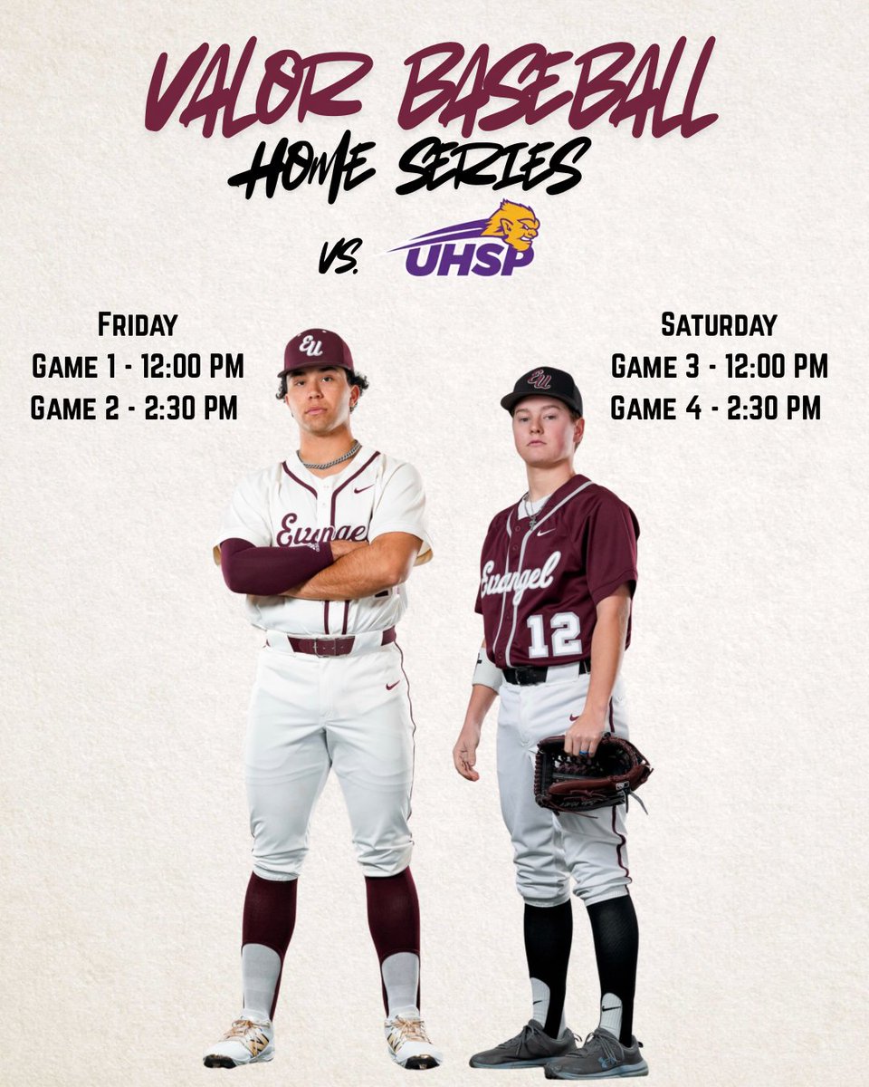 EvangelValor's tweet photo. WE'RE HOME THIS WEEKEND! Come out and support at noon and 2:30 today and tomorrow as we take on UHSP!
π: Springfield, Mo. (University Field)
π: UHSP (Mo.)
π: https://t.co/zpPVDfWusK
π₯: https://t.co/punBNzgqi2
#OneValor #AudienceofOne #UncommonForChrist #MakeHisNameKnown #EvangelBaseball