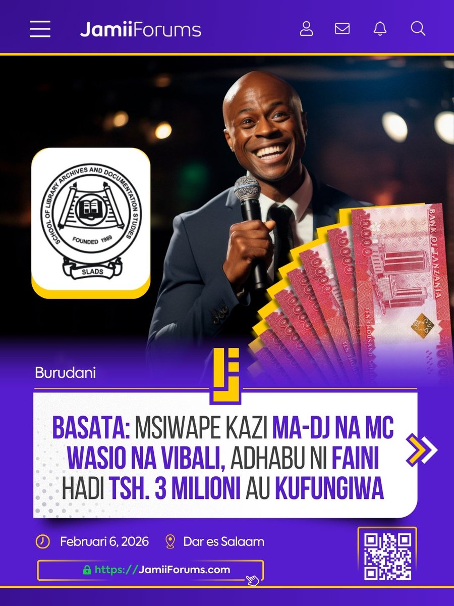 JamiiForums's tweet photo. DAR: Baraza la Sanaa la Taifa (#BASATA) limetoa taarifa kwa Wananchi, Mamlaka za Serikali za Mitaa, Wasanii na Wadau wote wa Sanaa kuwa kuanzia Februari 6, 2026, Waongoza Sherehe, Burudani na Matukio (MC) na Manju Muziki (DJ) wasio na Vibali Halali vya Baraza hilo, hawataruhusiwa kujishughulisha na kazi hizo hapa nchini.

Kwa taarifa zaidi tembelea https://t.co/gGGkYwprA3

#JamiiForums #Uwajibikaji #Accountability #JFEntertainment