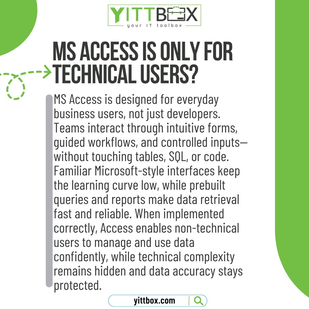 yittbox's tweet photo. Non-technical teams don’t need code to work with data. MS Access turns complexity into guided workflows, secure, structured, and business-ready. 🚀📊

#MSAccess #DatabaseManagement #BusinessAutomation #NoCodeTools #LowCodePlatform #DigitalTransformation https://t.co/2D5voIdWk5