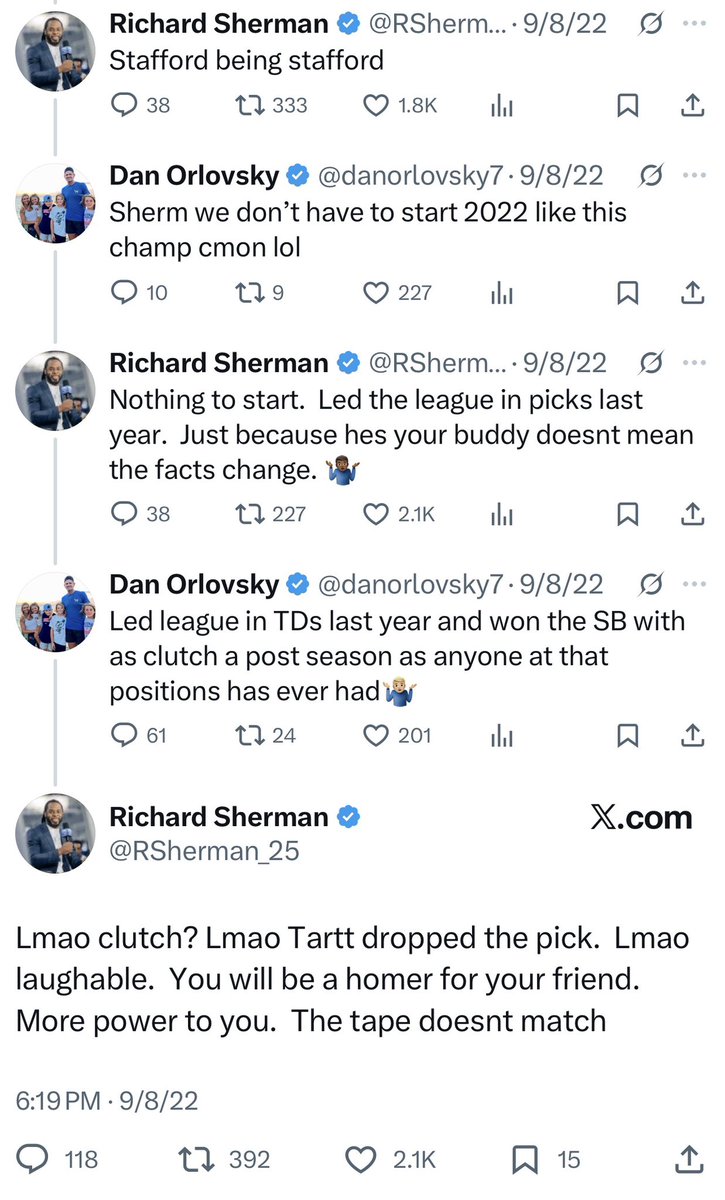 Richard Sherman called out Dan Orlovsky’s bias towards Matthew Stafford back in 2022
