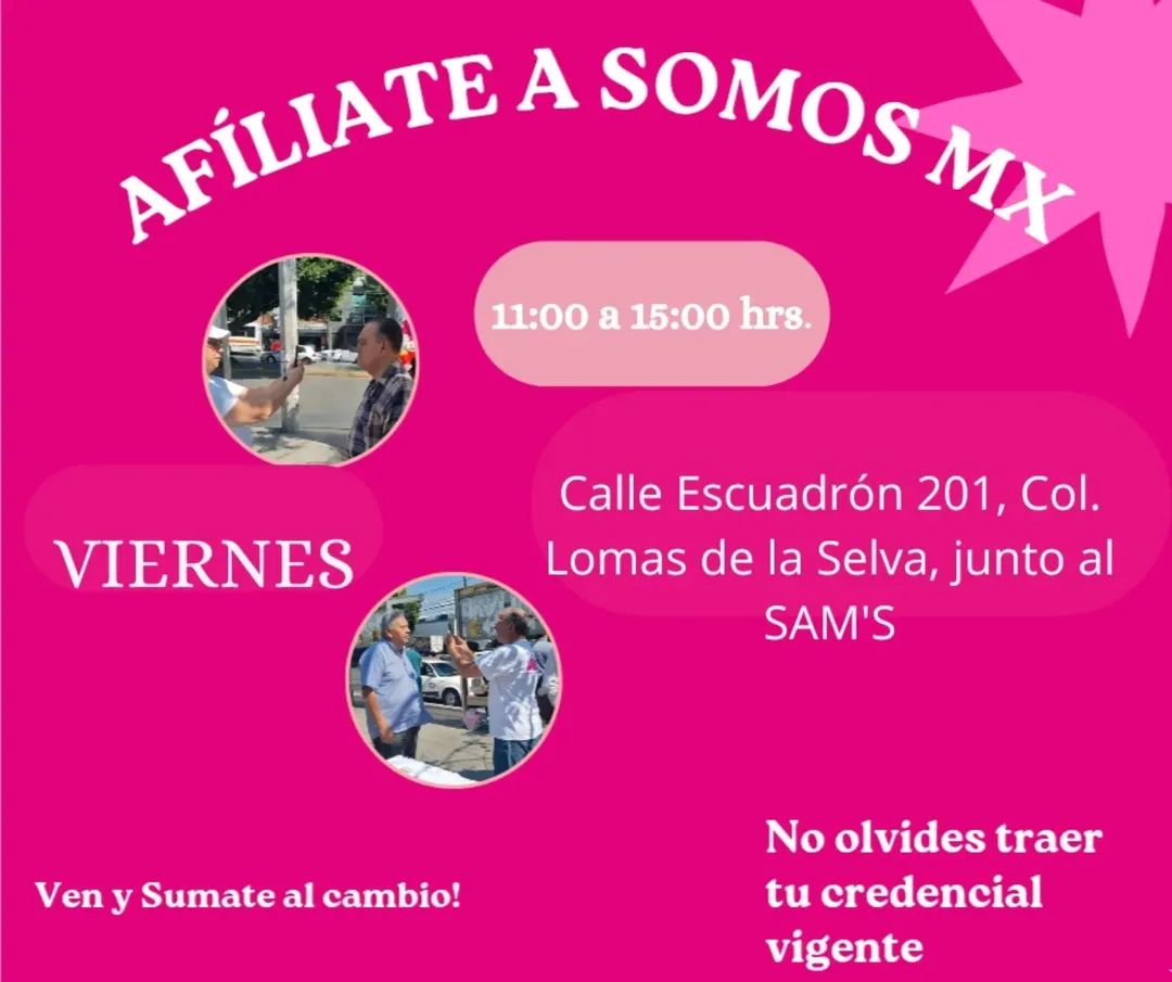 ¡Es momento de sumarte a Somos México! 🇲🇽
​Ven a nuestro punto de afiliación.
Asiste solo con tu credencial vigente!
​¡Tu voz cuenta y tu participación hace la diferencia! Te esperamos con los brazos abiertos. 🤝

#SomosMX #SomosMXMorelos #LaFuerzaQueNosUne #AFILIATE