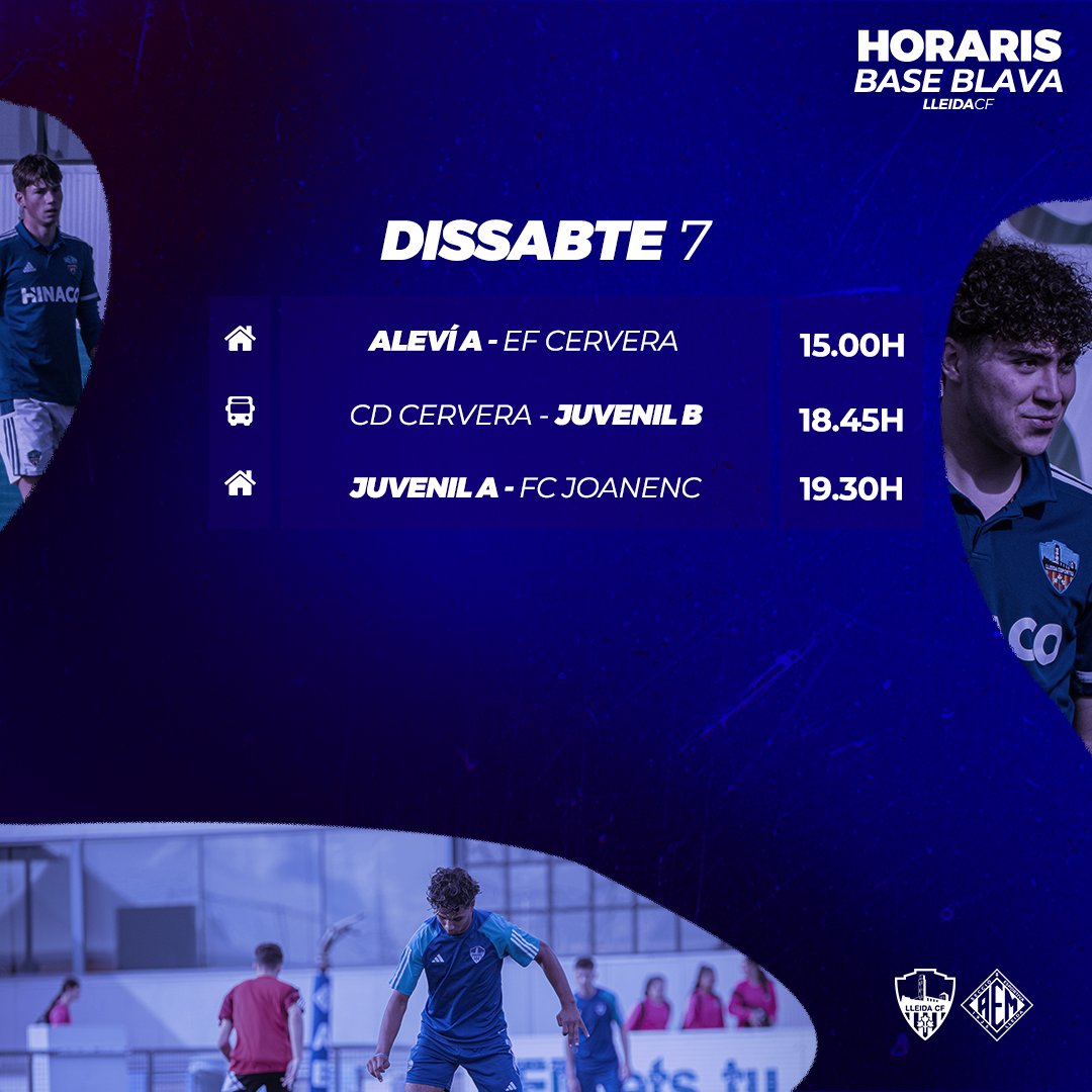 LleidaCF's tweet photo. Aquests són els horaris d’aquest cap de setmana de la Base Blava! 💙💪🏻
#BaseBlava #MésViusQueMai #LleidaCF https://t.co/baAFRJucSH