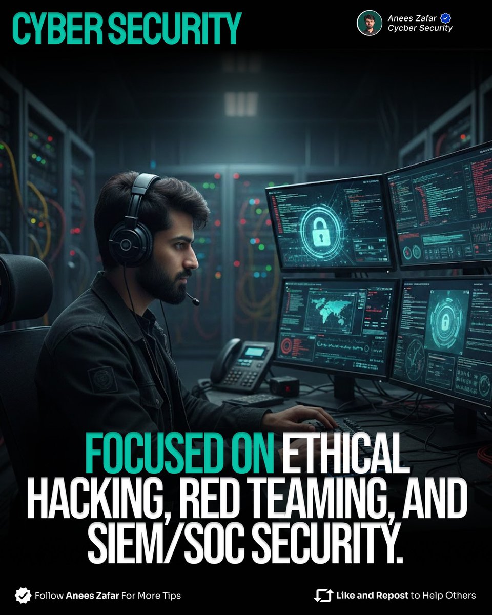 🔐 Cyber Security is a mindset.
➡️ Ethical Hacking finds risks before attackers do.
➡️ Red Teaming tests real threats.
➡️ SOC &amp; SIEM protect systems 24/7.
🛡️ Stay ethical.
🛡️ Stay secure.
Follow for more cyber security tips 🔁
#CyberSecurity #EthicalHacking #InfoSec #RedTeam #SOC