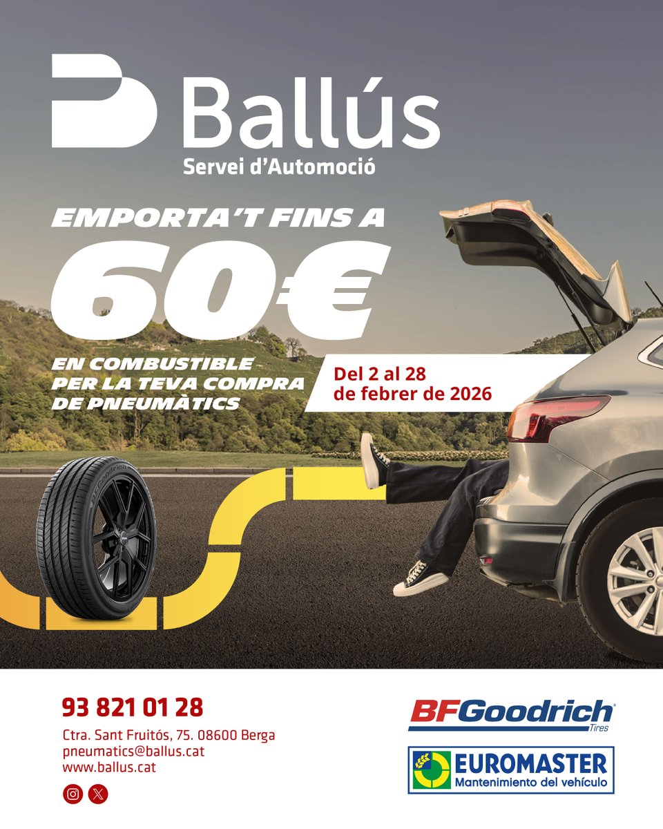 BallusBerga's tweet photo. Del 2 al 28 de febrer, pots aconseguir fins a 60€ en combustible amb BFGOODRICH⛽

🚙 Per a la compra i el muntatge de pneumàtics BFGOODRICH de de turisme o camioneta.
📆  Del 2 al 28 febrer

Demana les condicions al nostre taller:
⚙️ Taller Euromaster Ballús
📞 938 21 01 28 https://t.co/mfLAnXTceH