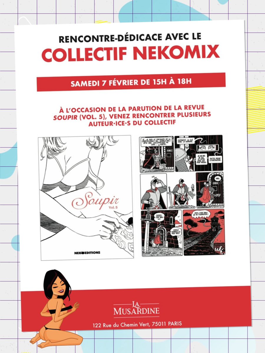 SelfishGenerat1's tweet photo. Rendez-vous à la librairie La Musardine, célèbre sanctuaire parisien dédié à la littérature pour adultes, pour découvrir notre recueil collectif de bande dessinée Soupir 5.  

📅 Samedi 7 février — de 15h à 18h    
📍La Musardine — 122 rue du Chemin Vert, 75011 Paris https://t.co/aA6FWlY8a7
