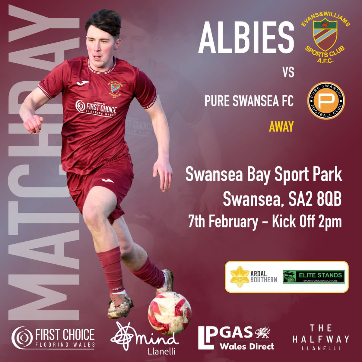 EvansWilliamsFC's tweet image. 𝙈𝙖𝙩𝙘𝙝𝙙𝙖𝙮 𝟭𝟵

🆚 @PureSwanseaFC 
🗓️ Saturday 7th February 
🕣 Kick off : 2:00pm
📍 Swansea Bay Sports Park, Swansea, SA2 8QB.

This Saturday, we make the trip to Swansea Bay Sports Park to play @PureSwanseaFC  in an @ArdalSouthern  South West League fixture.

#Albies
