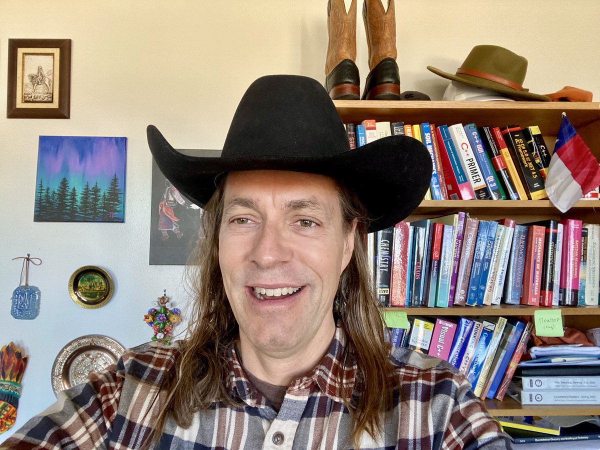 GeostatsGuy's tweet photo. Bootstrap day in my #DataAnalytics and #Geostatistics undergraduate course! 

Here at #UTAustin when I teach #Longhorns about statistical resampling with replacement to calculate an uncertainty model - I wear my boots and hat!

Students sample colored blocks from my hat to calculate uncertainty in a proportion! Stoked!
