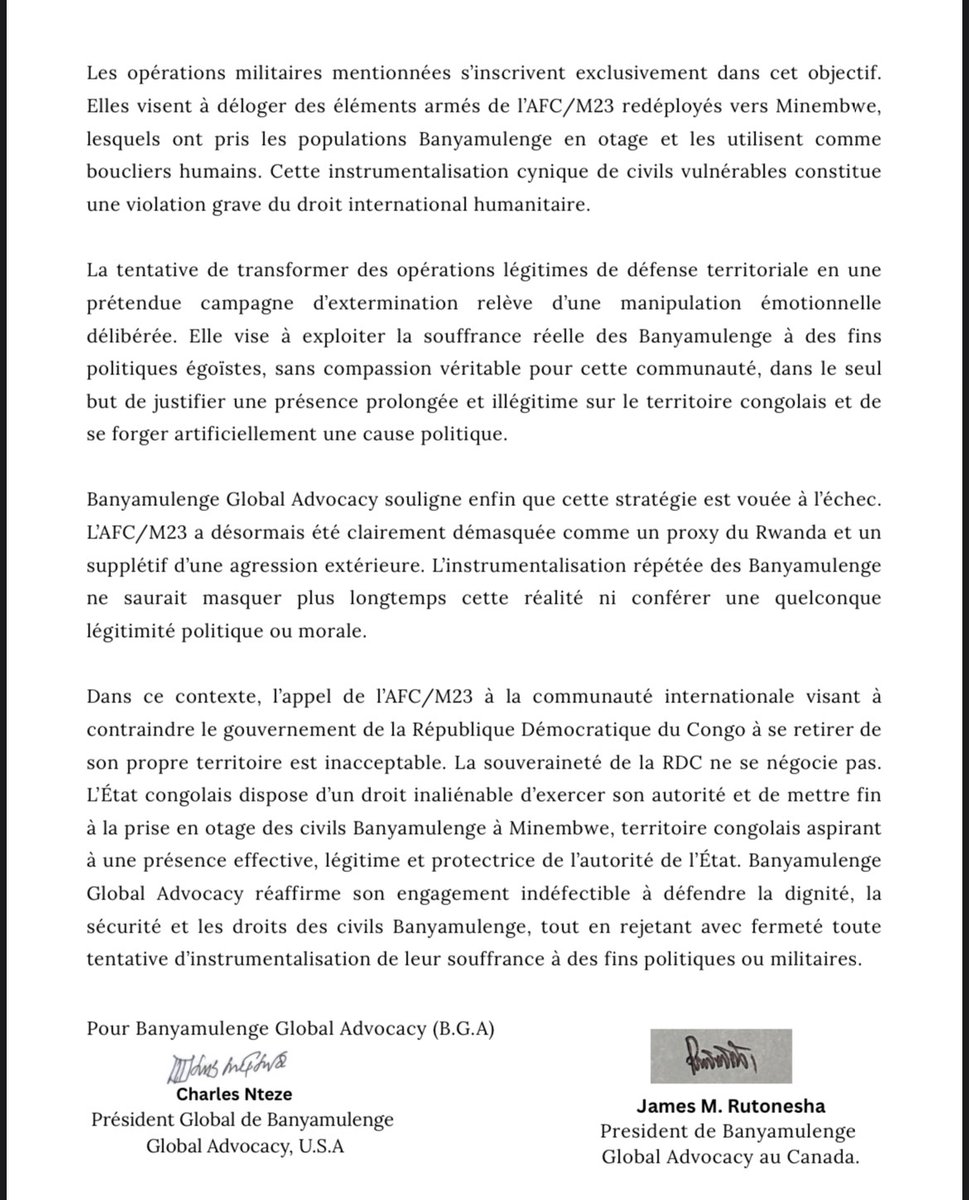 BGAdvocacy_25's tweet photo. B.G.A est claire : l’AFC/M23 et son parrain, le Rwanda, doivent cesser d’instrumentaliser la communauté Banyamulenge à des fins politiques égoïstes.
La souffrance d’un peuple ne peut servir ni de prétexte à une occupation illégitime ni à la fabrication artificielle d’une cause politique.
Le régime rwandais demeure la principale source des malheurs subis par les Banyamulenge.
#Banyamulenge #RDC #StopInstrumentalisation @PatrickMuyaya @Presidence_RDC @SecRubio @POTUS @GeneralNeva @PaulKagame @_AfricanUnion @US_SrAdvisorAF @RDCongoMAE