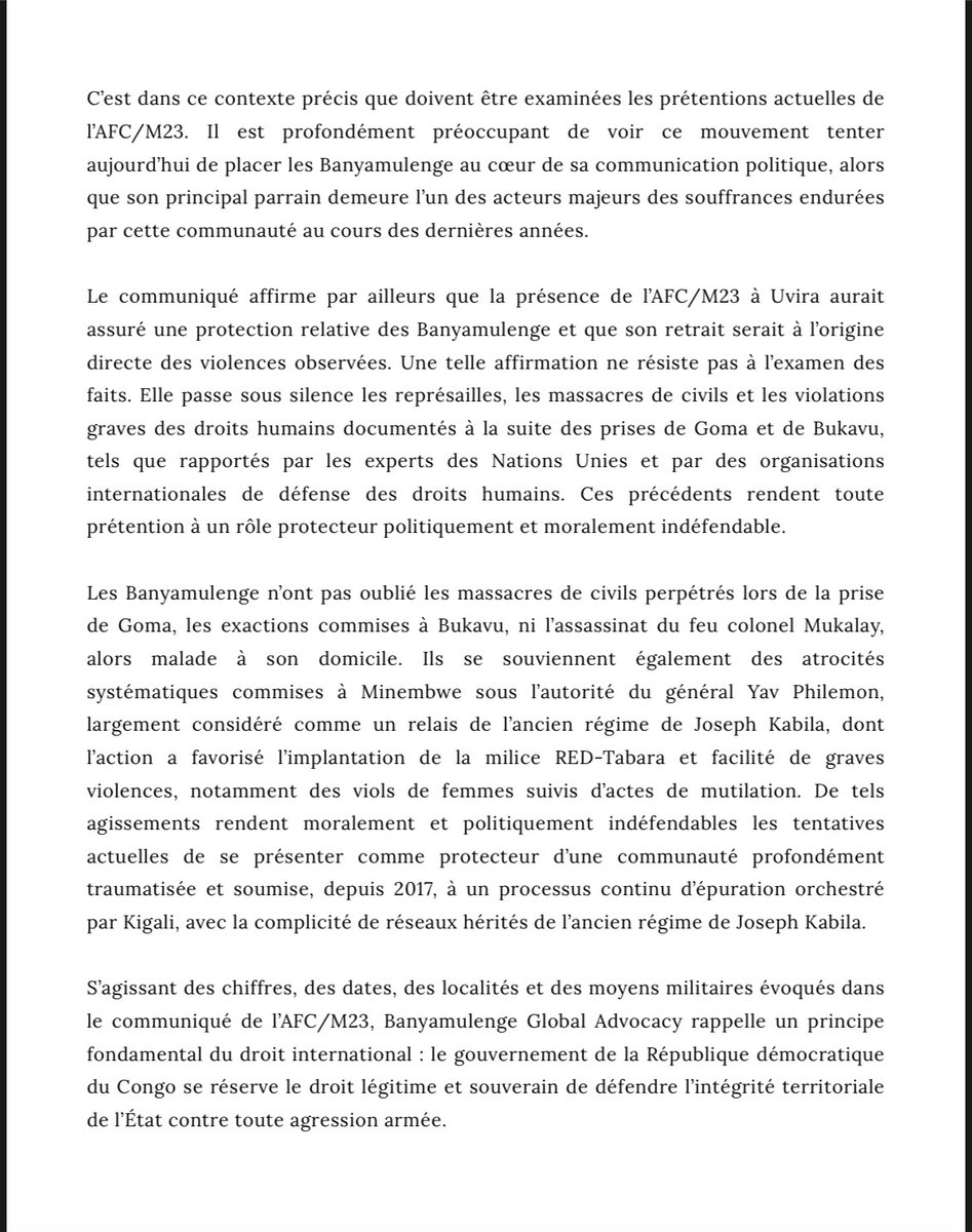 BGAdvocacy_25's tweet photo. B.G.A est claire : l’AFC/M23 et son parrain, le Rwanda, doivent cesser d’instrumentaliser la communauté Banyamulenge à des fins politiques égoïstes.
La souffrance d’un peuple ne peut servir ni de prétexte à une occupation illégitime ni à la fabrication artificielle d’une cause politique.
Le régime rwandais demeure la principale source des malheurs subis par les Banyamulenge.
#Banyamulenge #RDC #StopInstrumentalisation @PatrickMuyaya @Presidence_RDC @SecRubio @POTUS @GeneralNeva @PaulKagame @_AfricanUnion @US_SrAdvisorAF @RDCongoMAE