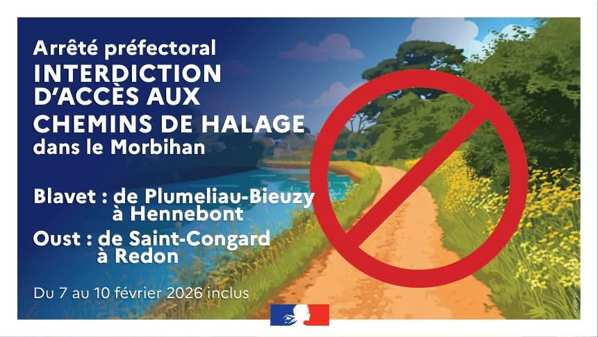 Image de Préfet du Morbihan - Chemins de halage | ⚠️
Interdiction d’accès à certaines sections à compter du 7 février 2026 dans le