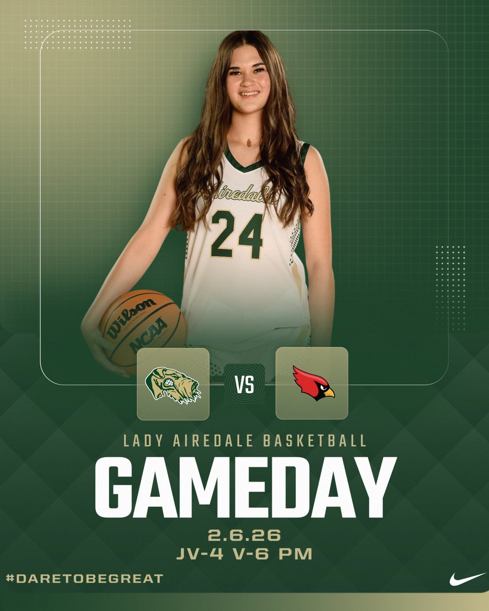 It’s GAMEDAY!! Your Lady Airedales are hittin’ the road for a 5A West conference matchup with the Lady Cardinals ‼️🏀 #daretobegreat 
🆚 Farmington
📍 Cardinal Arena
⏰ JV- 4 V-6
📺 YouTube (Alma School District)