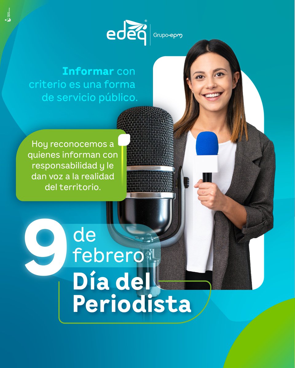 EDEQGrupoEPM's tweet photo. Desde EDEQ valoramos el periodismo que conecta a las comunidades, aporta a la construcción de lo público y acompaña el desarrollo del territorio con información clara y oportuna 🙌🎬.

📅 9 de febrero - Día del Periodista

#DíaDelPeriodista #Transparencia #EDEQ https://t.co/wXIj2B1I42