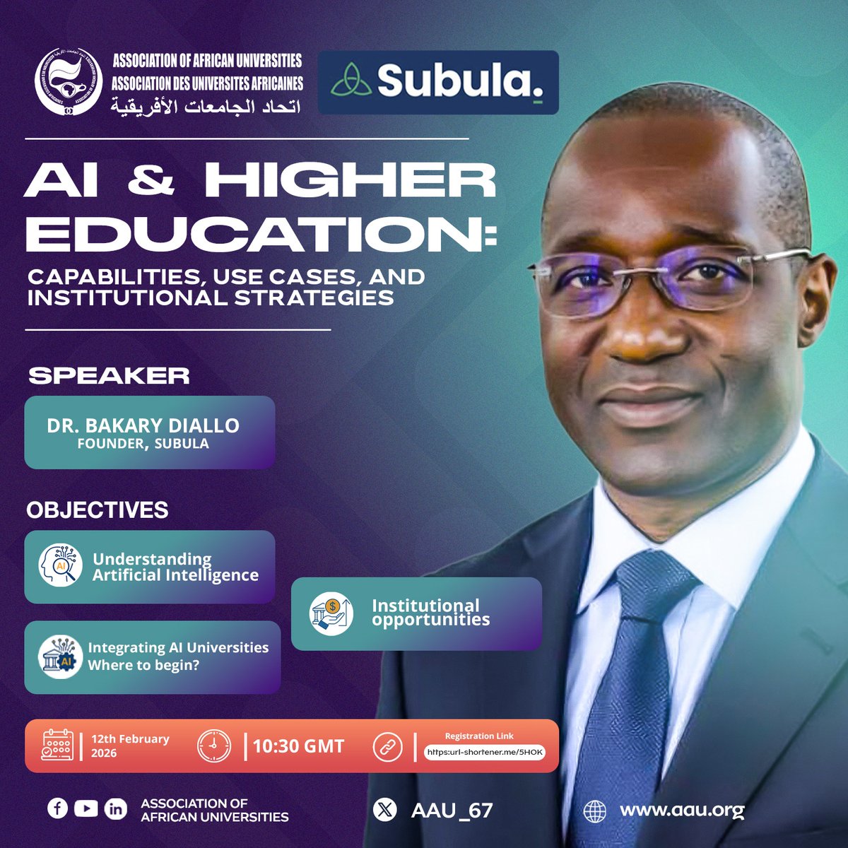 Join the Association of African Universities for a timely webinar on AI and Higher Education, exploring capabilities, real-world use cases, and institutional strategies for African universities.

📅 12 February 2026
⏰ 10:30 AM GMT
💻 Online (Zoom)

🔗 Register in advance: