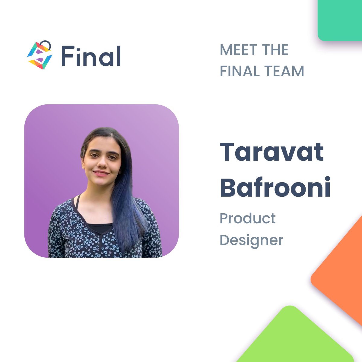 Meet Taravat — part of our Product Designer Team! 🎨 
Taravat comes from a music background, and has since shifted to another creative field: product design. She brings her unique vision and technical knowledge to every Final project, including tools like Build and Run 🧩