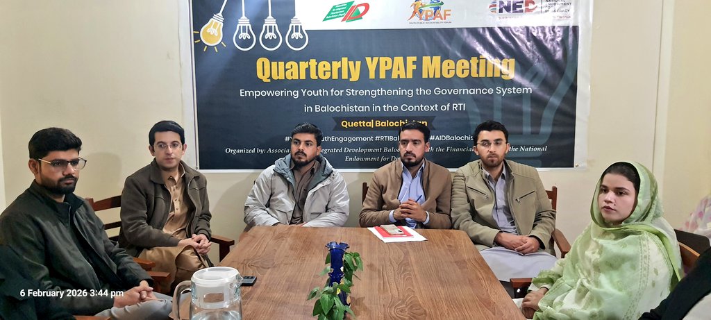 AidBalochistan's tweet image. Today (06 Feb), Supported by NED held the Quarterly Youth Public Accountability Forum meeting under the RTI project to review last quarter activities and plan ahead. Youth stressed full implementation of RTI in Balochistan. 
#RTI #YouthVoice #AIDBalochistan
@NEDemocracy
