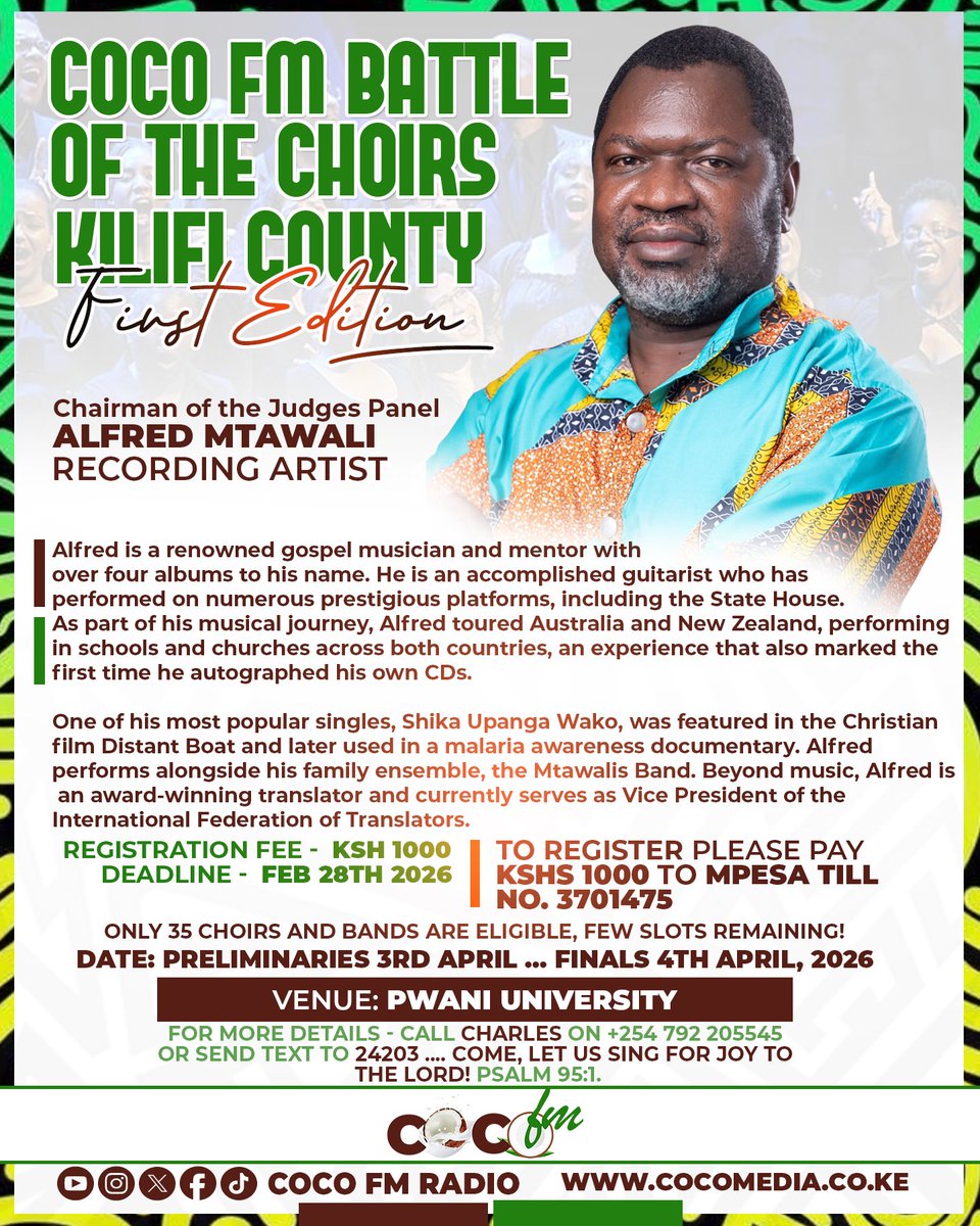 Je, kwaya yenu iko tayari kuonyesha kipaji? Karibu kwenye makala ya kwanza ya COCO FM Battle of the Choirs - Kilifi County. Hii ni nafasi ya kuonyesha umahiri na kutuzwa!

Msanii wa Injili na mpiga gitaa stadi <a href="/alfredmtawali/">CAN TRANSLATORS</a>  ni Mwenyekiti wa Majaji watakaohakikisha mashindano