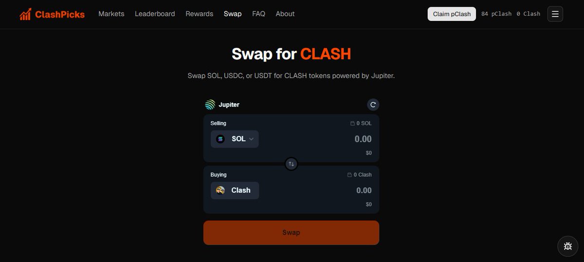 🚀 New Feature Live on ClashPicks

You can now swap for $CLASH directly inside ClashPicks.
Fast, simple, and powered by <a href="/JupiterExchange/">Jupiter</a>.

Less friction.
Easier onboarding.
Everything in one place.

Big upgrade. Build continues 💪