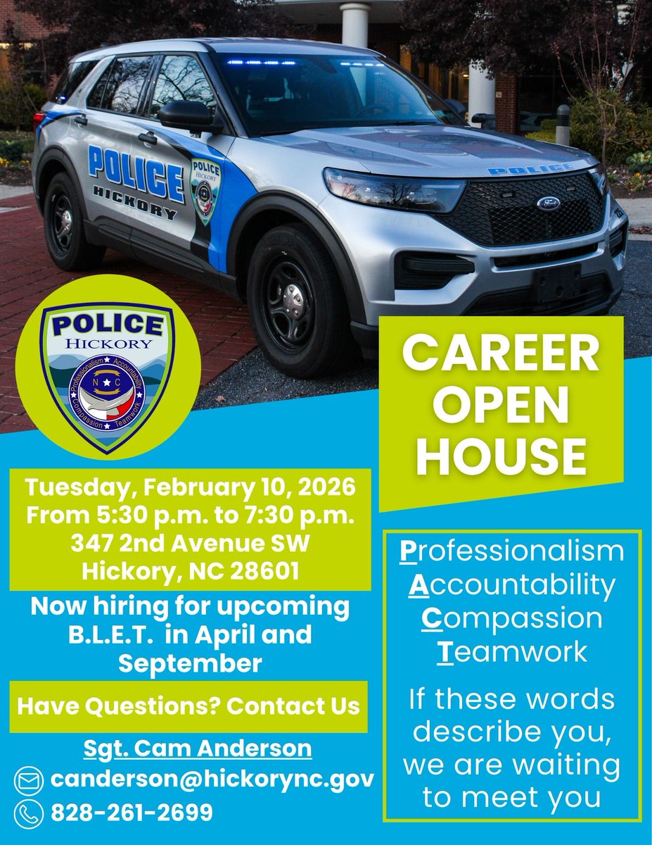 HickoryPD's tweet photo. Career Open House!

The Hickory Police Department is hosting a Career Open House on Tuesday, February 10, 2026, at Floyd W. Lucas, Jr. Police Headquarters from 5:30 p.m. to 7:30 p.m.

We look forward to meeting you! https://t.co/UqVUfA1ASc