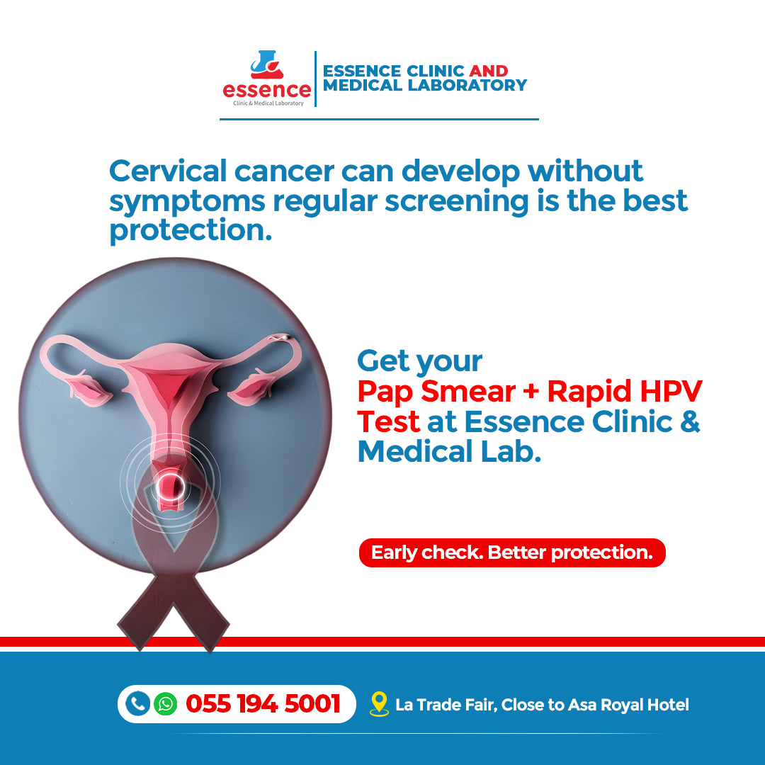 Essencemedilab's tweet image. When last did you check your cervical health?
Cervical cancer often has no early signs, but early screening can save lives.

Get a Pap Smear + Rapid HPV Test at Essence Clinic &amp;amp; Medical Lab.
📞 0551945001

 #CervicalHealth #PapSmear #HPVTest #EarlyDetection #EssenceClinic