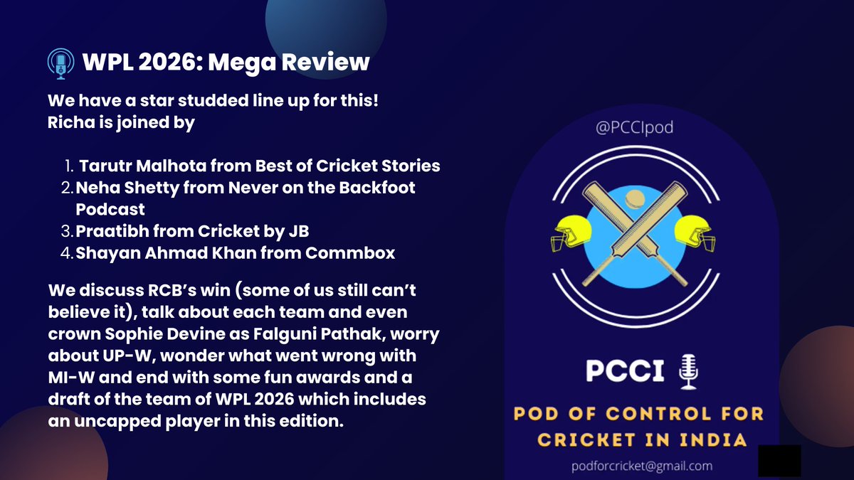 🚨 New Episode: WPL 2026: Mega Review with <a href="/bestcricstories/">The Best of Cricket</a>, <a href="/pratIsACat/">Praatibh Surana</a>, <a href="/neha_shetty7/">Neha Shetty</a> &amp; <a href="/TweetsByShayan/">Shayan Khan</a> 

🔗 in the subsequent tweets