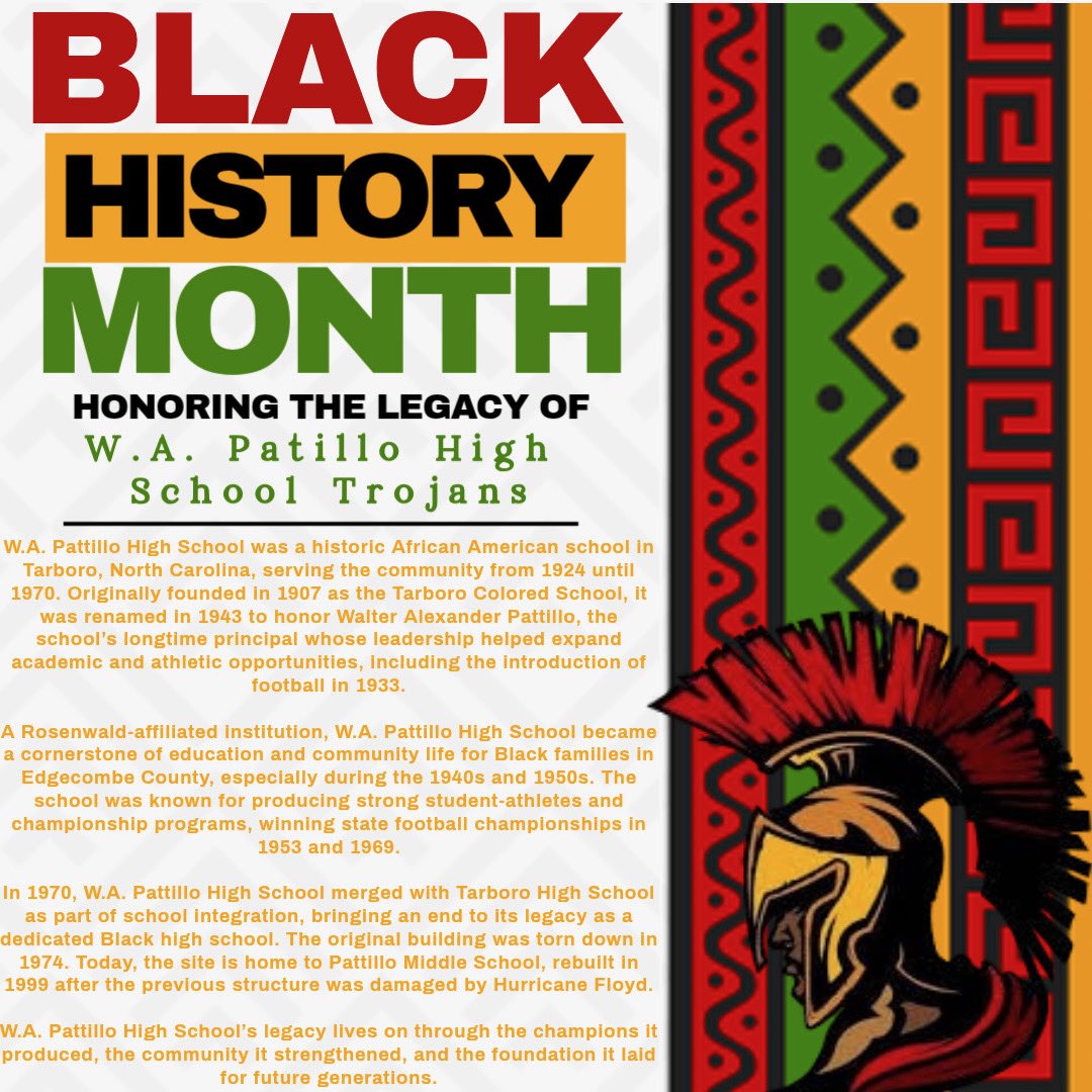 TarboroFootball's tweet photo. Celebrating Black History Month by highlighting W.A. Pattillo High School's remarkable history. The Trojans claimed 2 state championships (2a 1953 and 3a 1969) in the NCHSAC https://t.co/u7pNxlmm0u