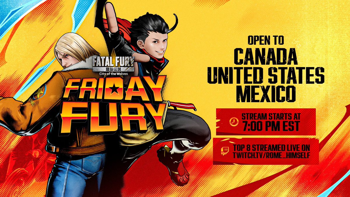 Friday Fury tournament is back today, featuring cash prizes!  

Sign up for today's event: start.gg/FatalFuryDisco… 

Join the Discord: discord.gg/fatalfury 

#FatalFury