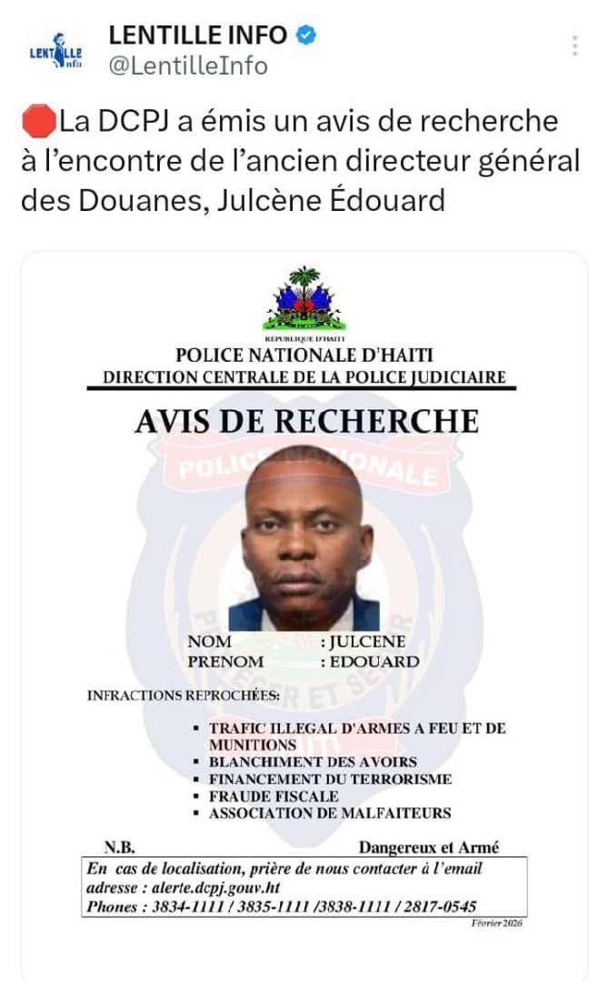 StanewsMagazine's tweet photo. La DCPJ a lancé des avis de recherche contre plusieurs personnalités, dont le maire de Port-au-Prince, Youri Ralph Chevry, l’ex-député Arnel Bélizaire et l’ancien DG des douanes Julcéne Édouard, accusés notamment d’association de malfaiteurs, de financement de gangs terroristes… https://t.co/hjrU1e0wYi
