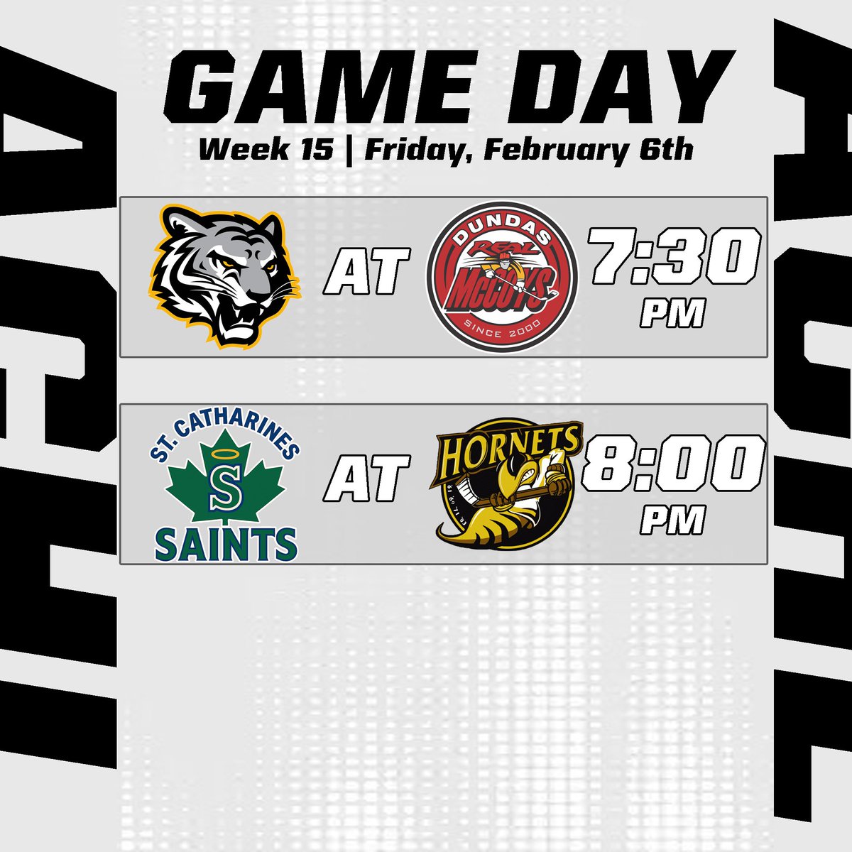 TheACHL1890's tweet photo. Friday night lights in the Allan Cup Hockey League ✨
Two games on the ice tonight as Week 15 continues:
• @SCTigershockey vs. @DundasRealMcCoy (7:30 PM)
• St. Catharines Saints vs. Cambridge Hornets (8:00 PM)
Don’t miss the action.
#ACHL #AllanCupHockey #SeniorAAA #Hockey https://t.co/QDcSabKQ6R