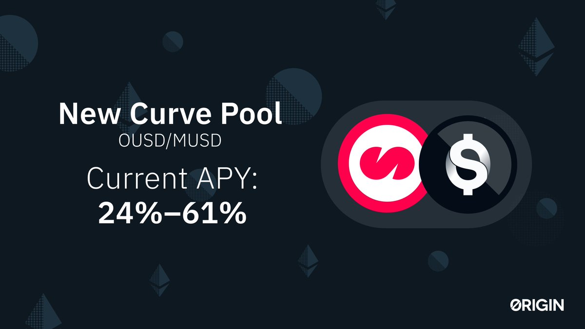 OriginProtocol's tweet photo. A new Pool Booster pool is live: $OUSD / $MUSD on Curve, in collaboration with @MezoNetwork.

Pool Booster directs protocol incentives to the pool to support deeper liquidity and stronger LP returns on @CurveFinance.

Explore the pool: https://t.co/kMZ1C1KIbm https://t.co/w5TJcPrOyL